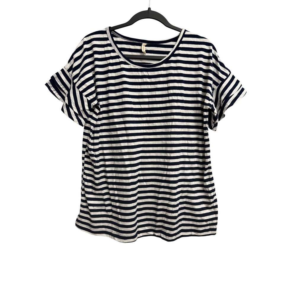 Wishlist Navy Blue White Striped Ruffle Sleeve Cotton Top WL18-0769 Small Shirt